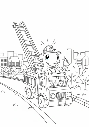 Charmander in een brandweerauto (speelgoed) kleurplaat om te printen en kleuren