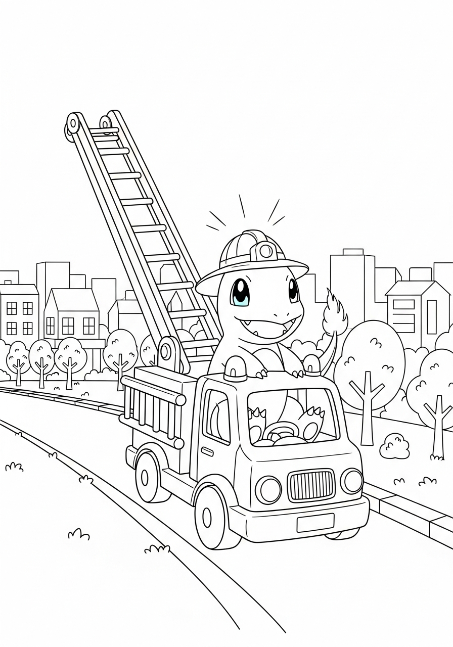 Pokemon kleurplaat van Charmander in een speelgoedbrandweerauto met sirene en ladder kleurplaat