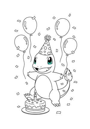 Charmander met een verjaardagsmuts kleurplaat om te printen en kleuren