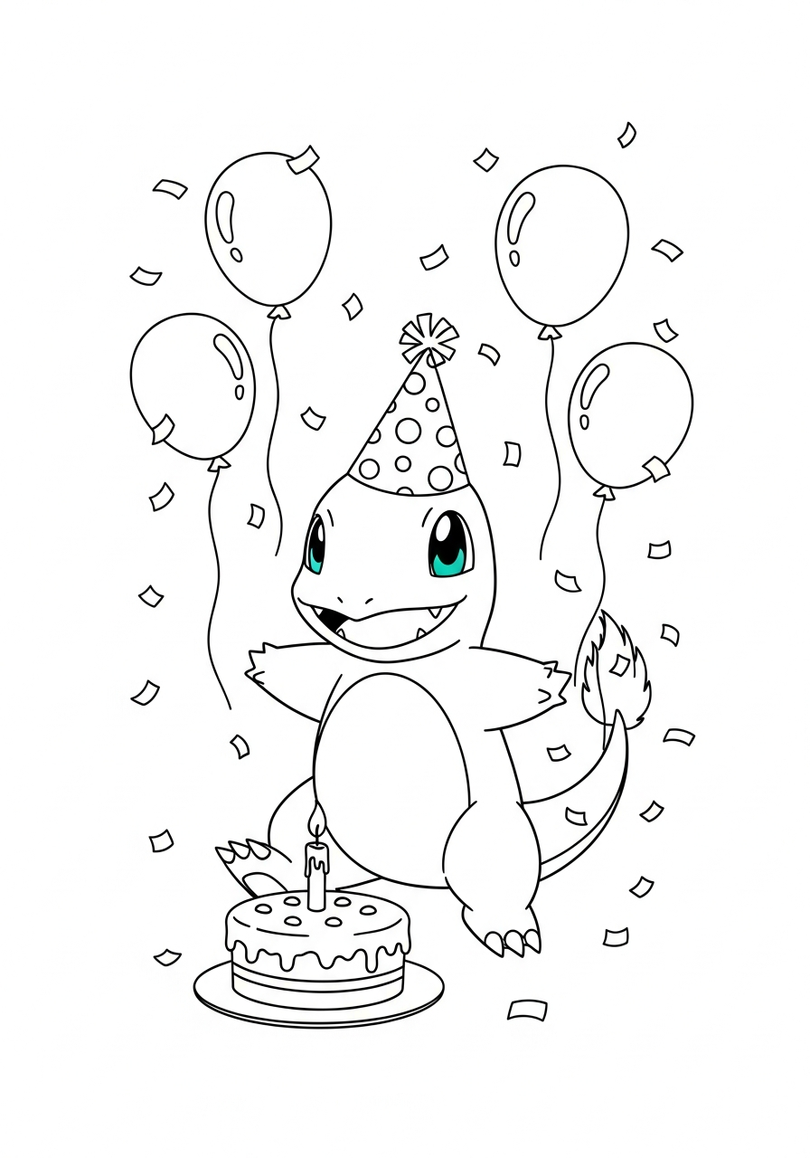 Pokemon kleurplaat van Charmander met verjaardagsmuts naast een taart met kaarsjes kleurplaat