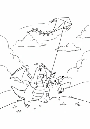 Dragonite en Pikachu vliegen met een vlieger kleurplaat om te printen en kleuren