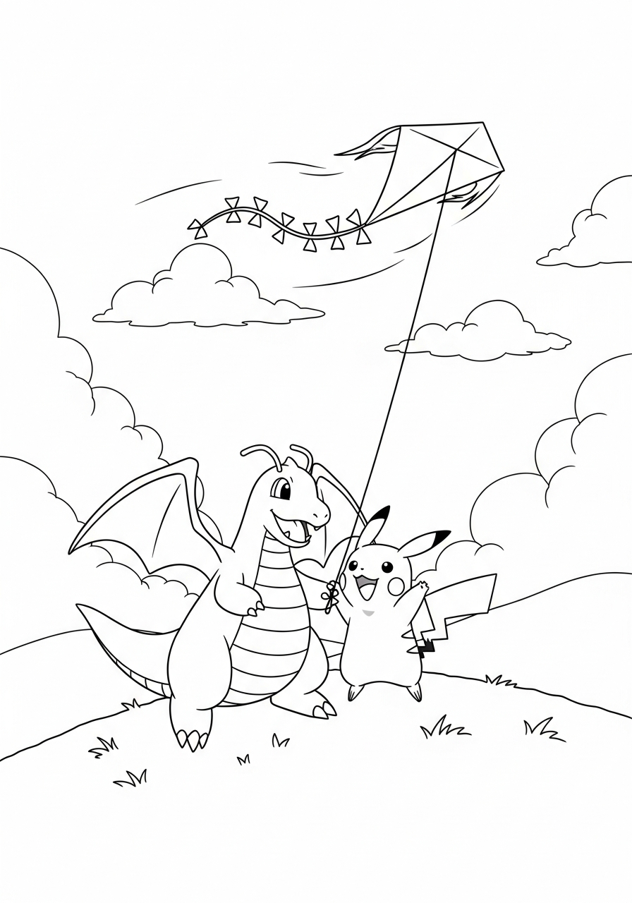 Pokemon kleurplaat van Dragonite en Pikachu met een vlieger in de lucht en wolken kleurplaat