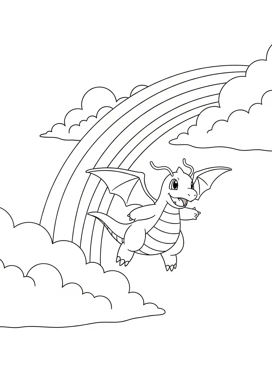 Pokemon kleurplaat van Dragonite die langs een regenboog vliegt met wolken kleurplaat