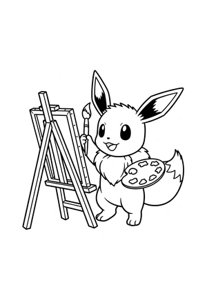 Eevee als kleine kunstenaar met verf kleurplaat om te printen en kleuren