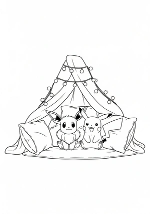 Eevee en Pikachu bouwen een hut van kussens kleurplaat om te printen en kleuren