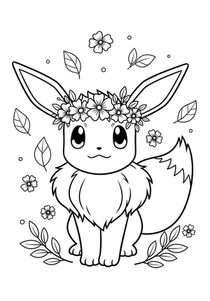 Eevee in een bloemenkrans kleurplaat om te printen en kleuren