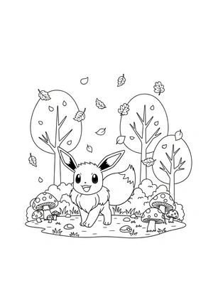 Eevee in een herfstbos kleurplaat om te printen en kleuren