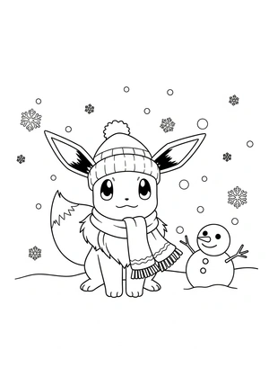 Eevee met wintermuts in de sneeuw kleurplaat om te printen en kleuren