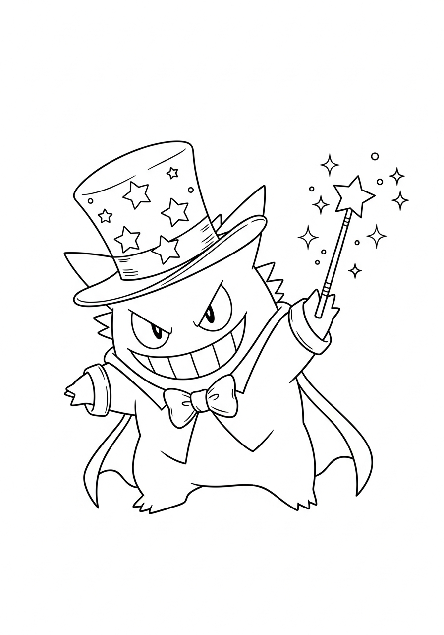 Pokemon kleurplaat van Gengar als goochelaar met hoge hoed, toverstaf en sterretjes kleurplaat