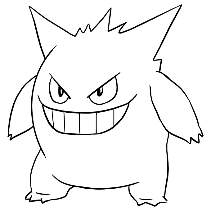Pokemon kleurplaat van Gengar met een brede grijns en puntige oren in eenvoudige lijnen kleurplaat