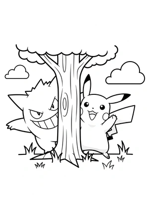 Gengar speelt verstoppertje met Pikachu kleurplaat om te printen en kleuren