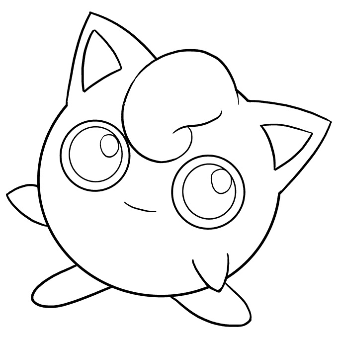 Pokemon kleurplaat van Jigglypuff met grote ogen en een ronde vorm in eenvoudige lijnen kleurplaat
