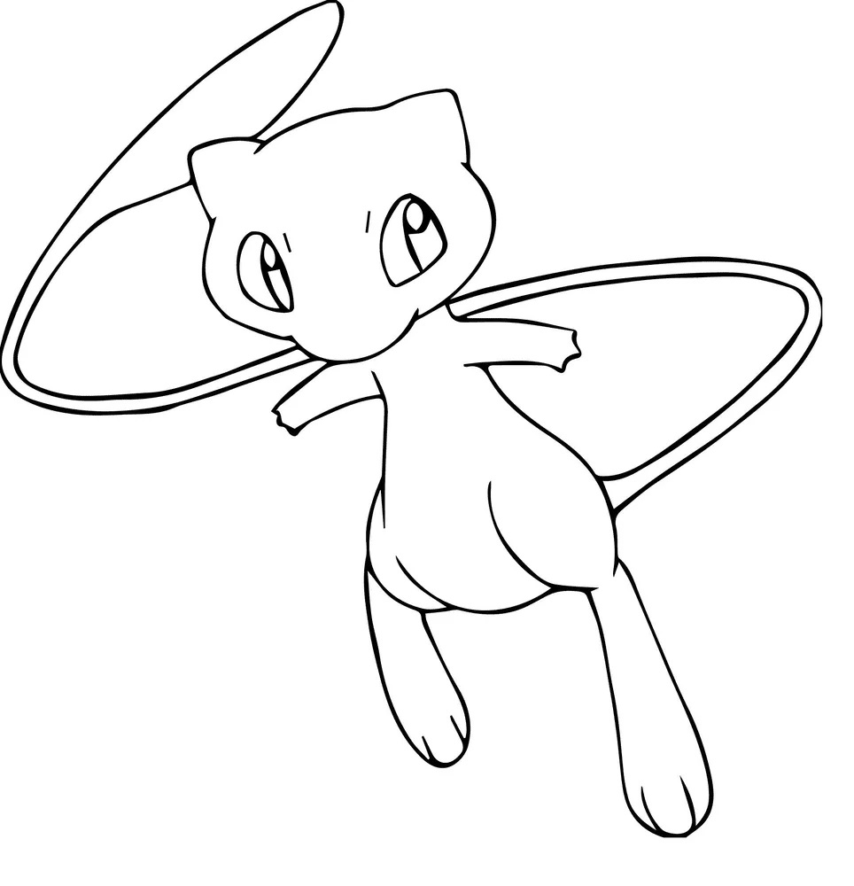 Pokemon kleurplaat van Mew die zweeft met een lange staart en zachte vormen kleurplaat