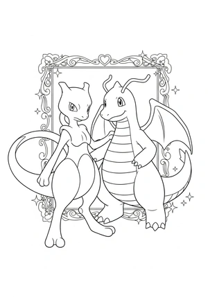 Mewtwo en Dragonite in een vriendschapsfoto kleurplaat om te printen en kleuren
