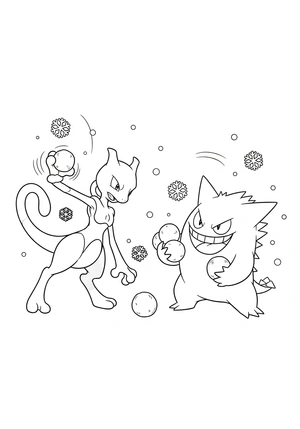Mewtwo en Gengar maken een sneeuwballengevecht (lief) kleurplaat om te printen en kleuren