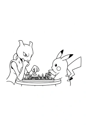 Mewtwo en Pikachu schaken kleurplaat om te printen en kleuren