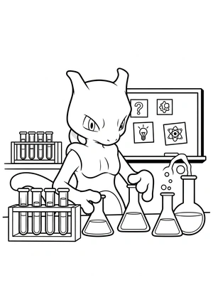 Mewtwo in een laboratorium (vriendelijk) kleurplaat om te printen en kleuren