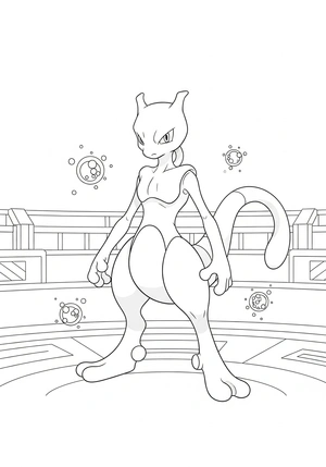 Mewtwo in een trainingsarena kleurplaat om te printen en kleuren