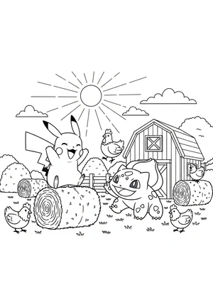 Pikachu en Bulbasaur op de boerderij kleurplaat om te printen en kleuren