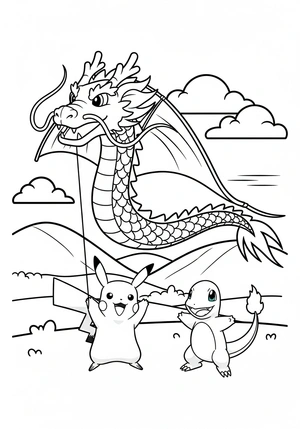 Pikachu en Charmander bij een vliegende draakvlieger kleurplaat om te printen en kleuren
