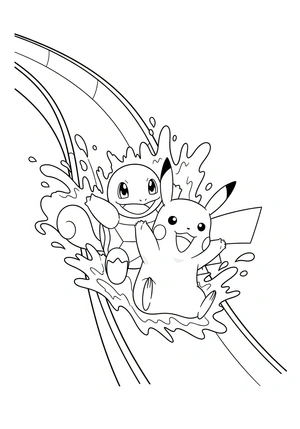 Pikachu en Squirtle in een waterglijbaan kleurplaat om te printen en kleuren