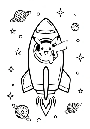 Pikachu in een raket naar de ruimte kleurplaat om te printen en kleuren