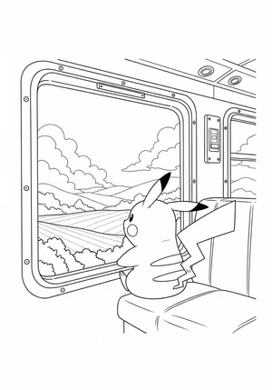 Pikachu in een treinreis kleurplaat om te printen en kleuren