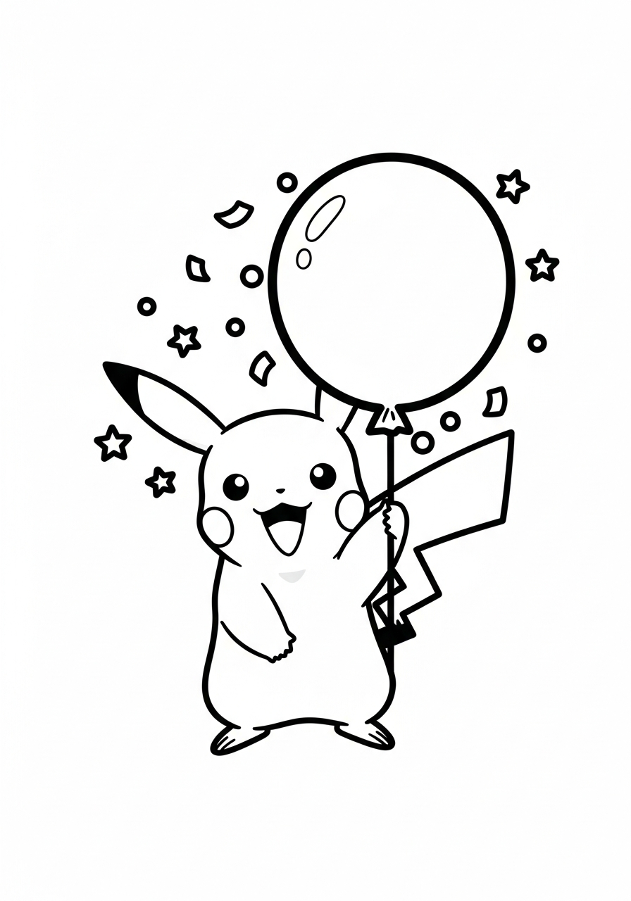 Pokemon kleurplaat van Pikachu die een grote ballon vasthoudt met confetti en sterretjes kleurplaat