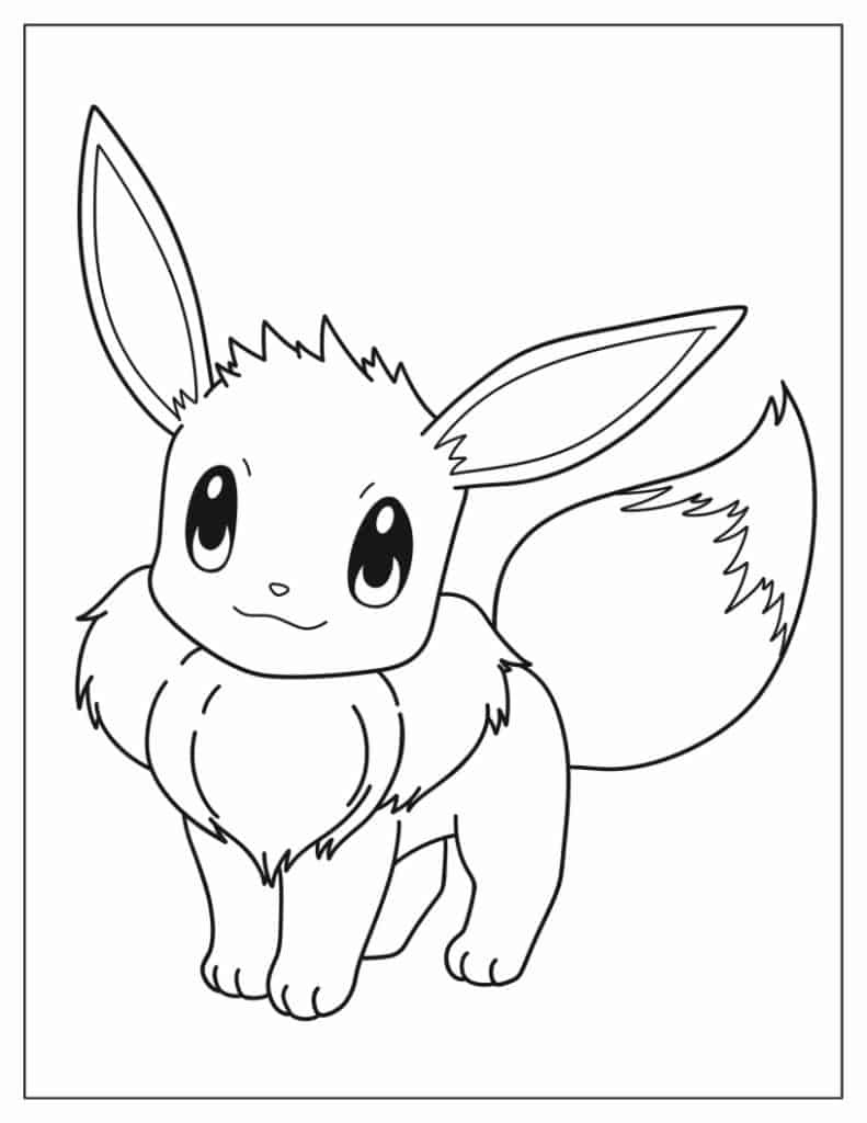 Pokemon kleurplaat van Eevee met grote oren en een pluizige staart kleurplaat