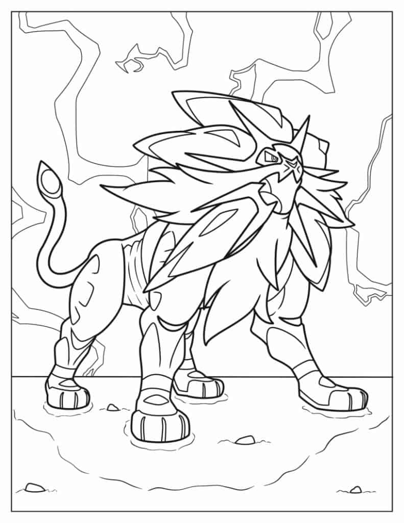 Pokemon kleurplaat van Solgaleo met bliksem op de achtergrond en krachtige houding kleurplaat