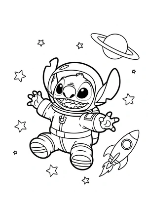 Stitch als astronaut in de ruimte kleurplaat om te printen en kleuren