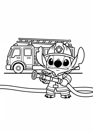 Stitch als brandweerman met slang kleurplaat om te printen en kleuren