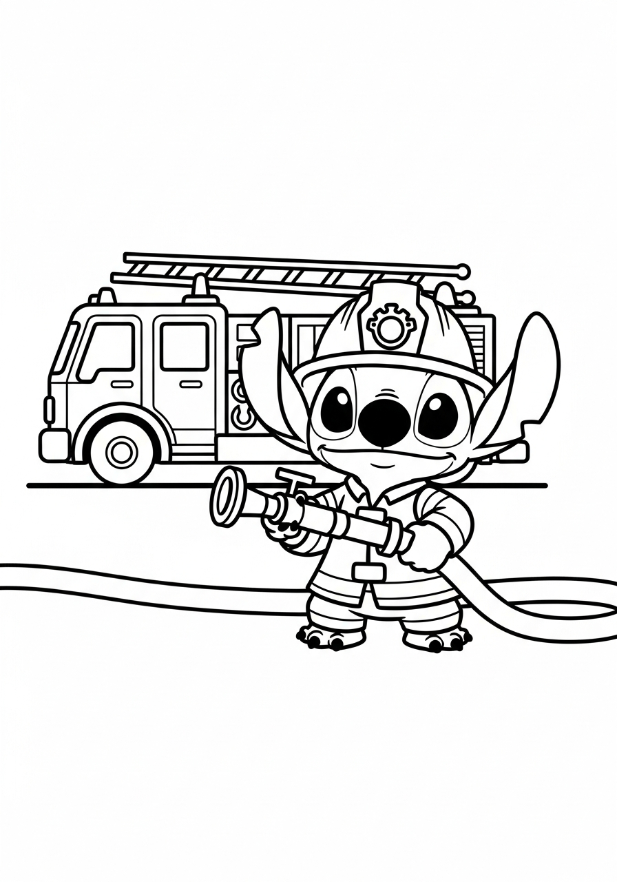 Stitch als brandweerman met helm en brandslang naast een brandweerwagen kleurplaat