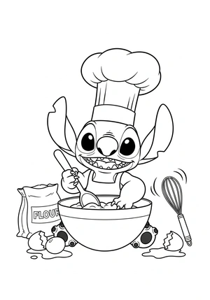 Stitch als chef met een koksmuts kleurplaat om te printen en kleuren