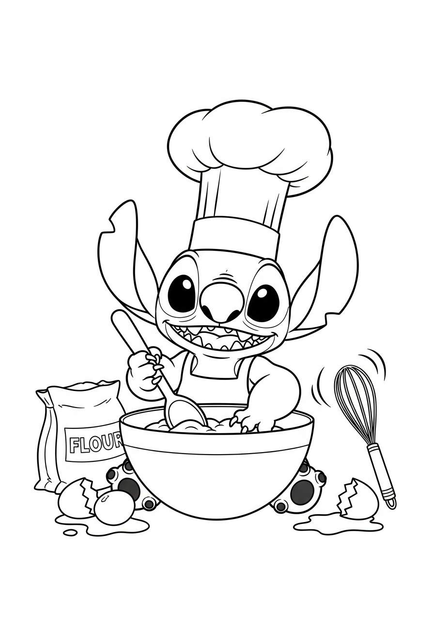 Stitch in koksmuts en schort met een kom en lepel in de keuken kleurplaat