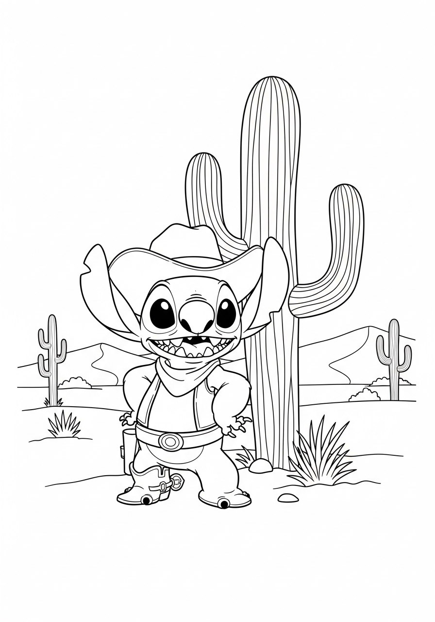 Stitch als cowboy met hoed en laarzen bij een cactus kleurplaat
