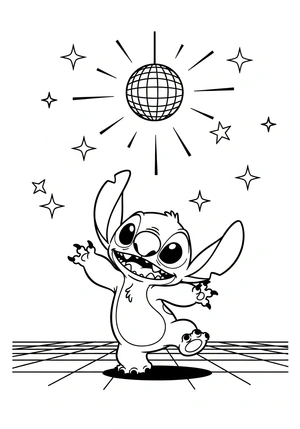 Stitch als danser met disco-bal kleurplaat om te printen en kleuren
