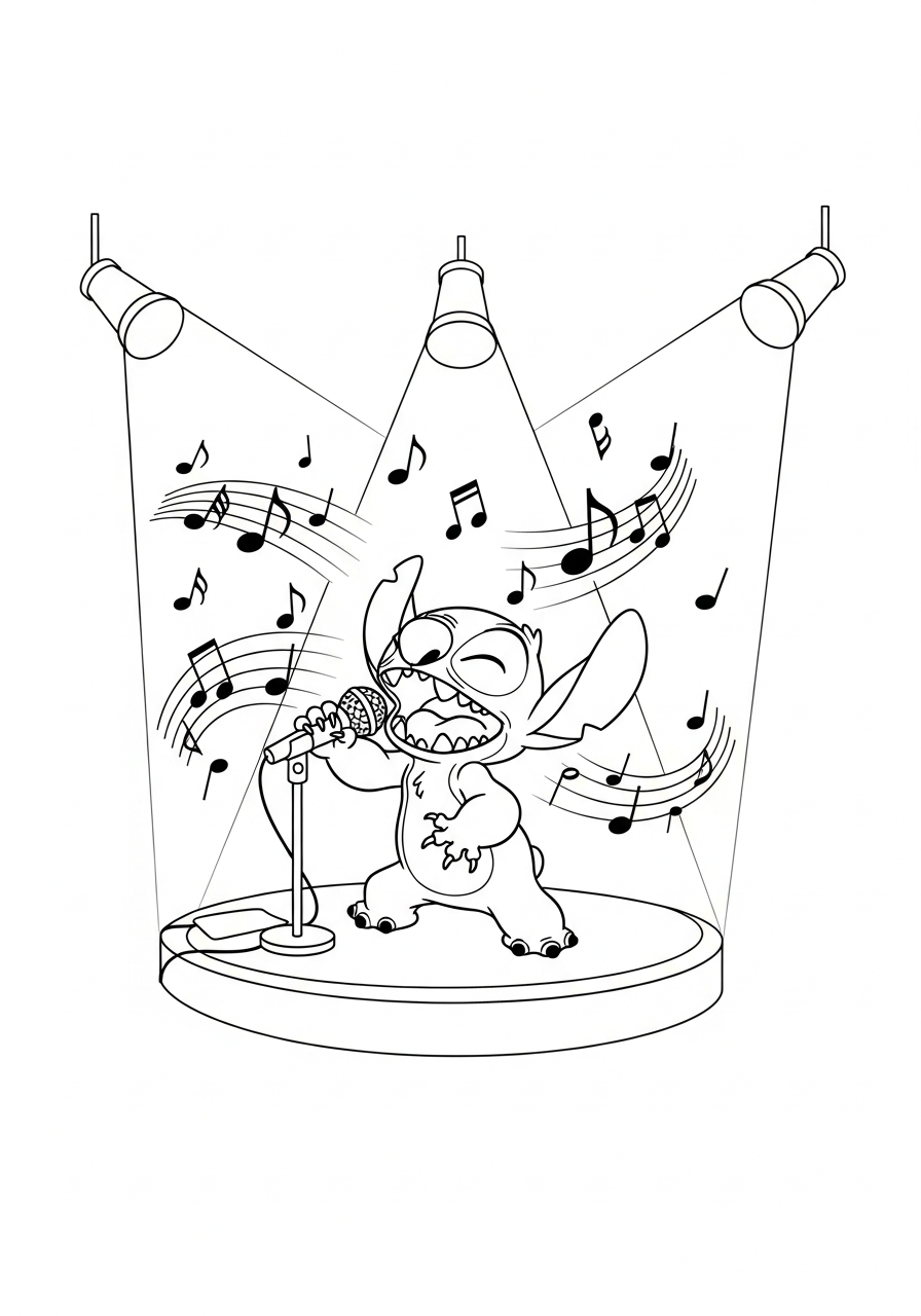 Stitch die zingt in een microfoon met muzieknootjes en spotlights kleurplaat
