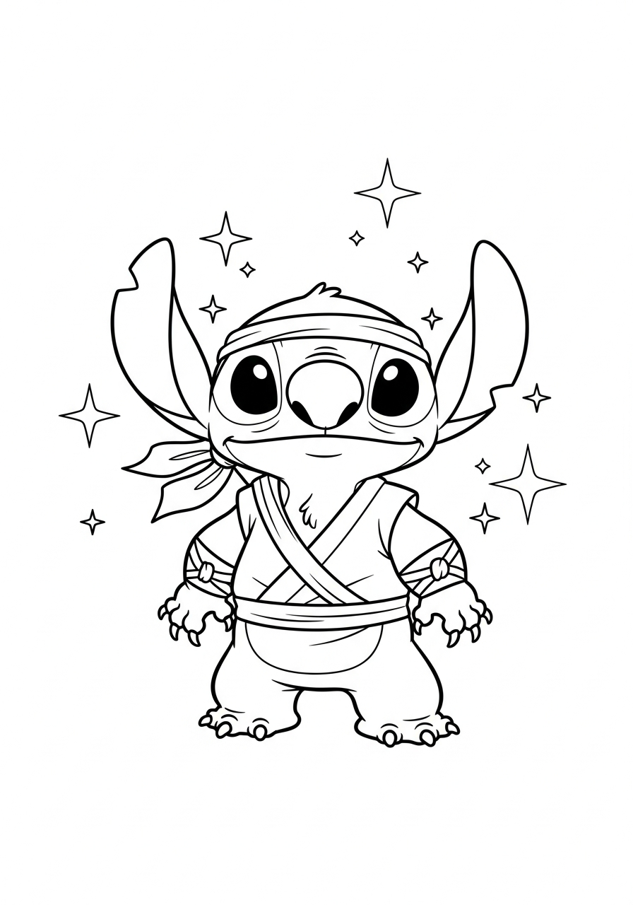 Stitch als ninja met bandana en een vriendelijke pose met sterren kleurplaat