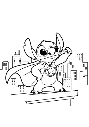 Stitch als superheld met cape kleurplaat om te printen en kleuren