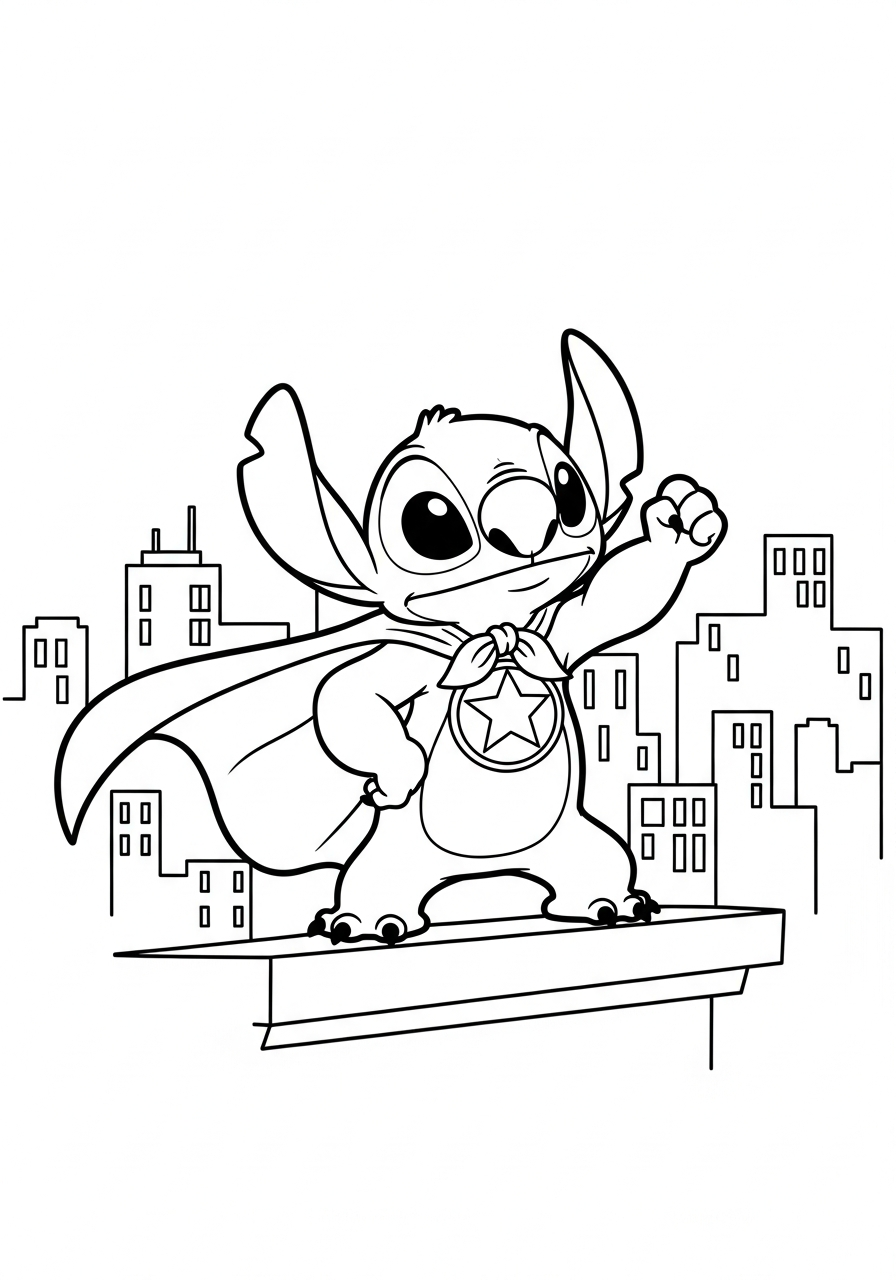 Stitch als superheld met cape en een ster-embleem op de borst kleurplaat