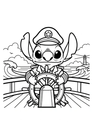 Stitch als zeekapitein met stuurwiel kleurplaat om te printen en kleuren