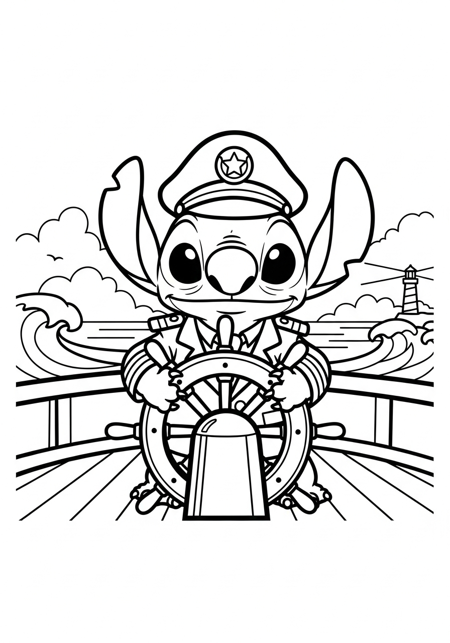Stitch als kapitein achter een stuurwiel op een schip met golven kleurplaat
