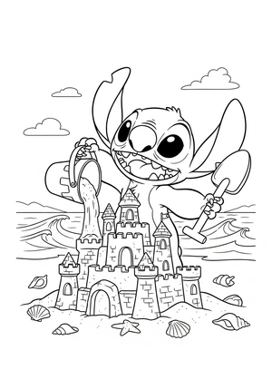 Stitch bouwt een zandkasteel kleurplaat om te printen en kleuren