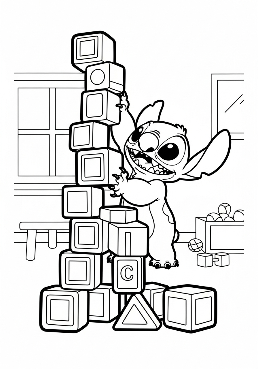 Stitch die een hoge toren bouwt met grote speelgoedblokken kleurplaat