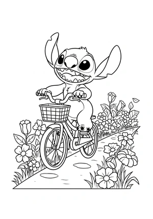 Stitch fietst met een mandje voorop kleurplaat om te printen en kleuren