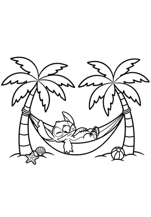Stitch in een hangmat onder palmbomen kleurplaat om te printen en kleuren