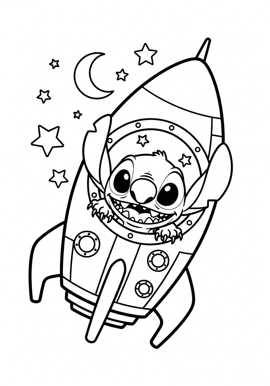 Stitch die uit een raketraam kijkt met sterren rondom kleurplaat