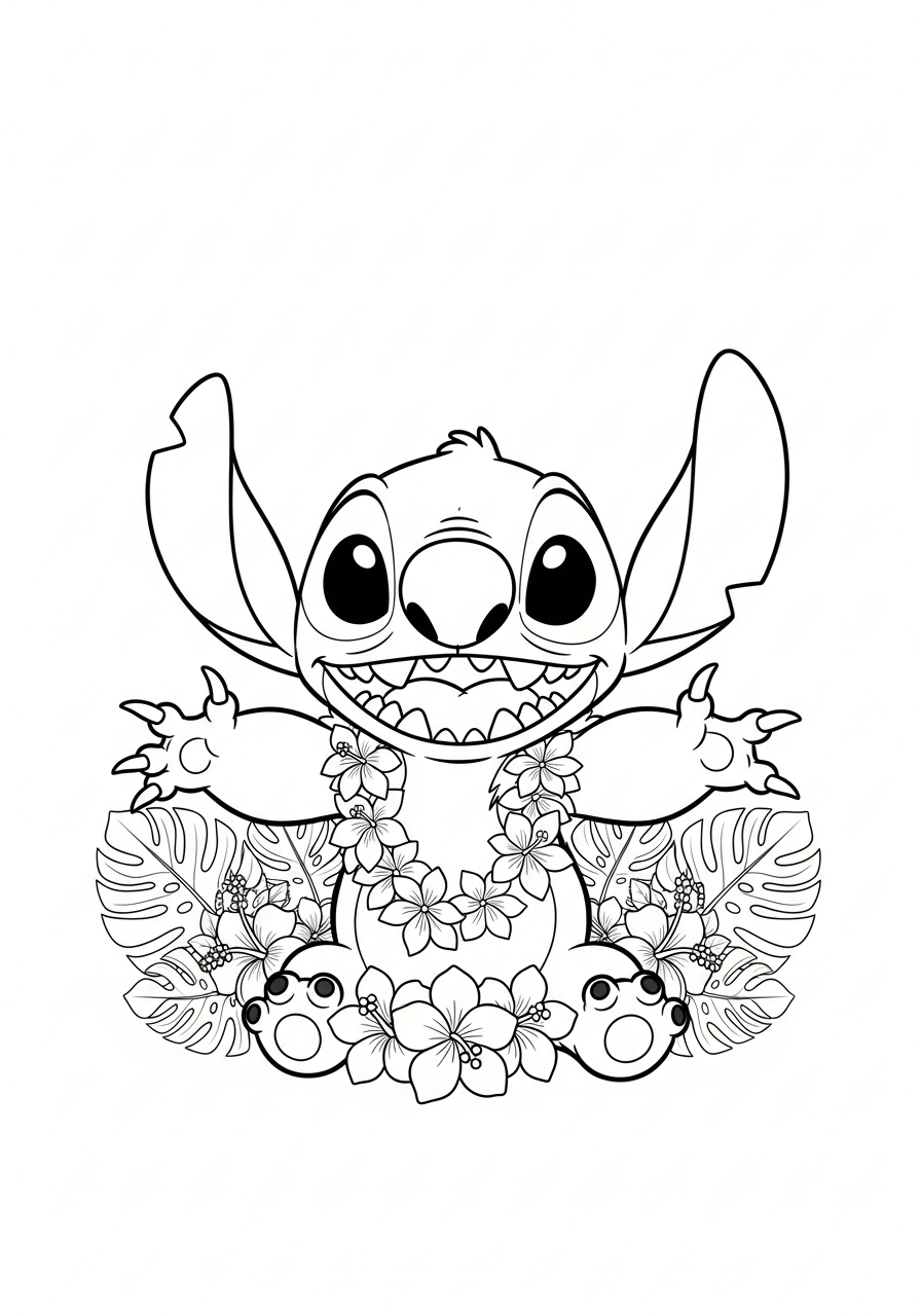 Stitch met een bloemenkrans om zijn nek tussen tropische bloemen kleurplaat