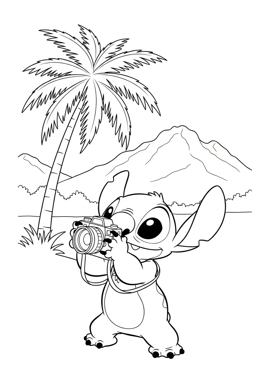 Stitch met een camera om zijn nek, klaar om een foto te maken kleurplaat